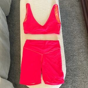 Hot Pink V-Neck Sports Bra and High-Rise Bike Shorts Set